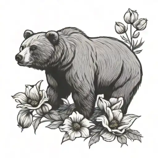 Grizzly Bear And California Poppy Flowers