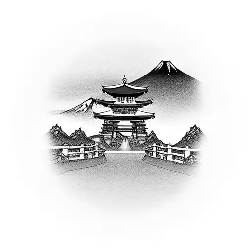 Torii Gate With Mount Fuji Background Red And Black