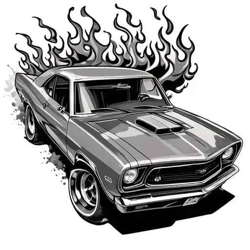 Old School Traditional Tattoo Of A Car With Flames Doing A Burnout