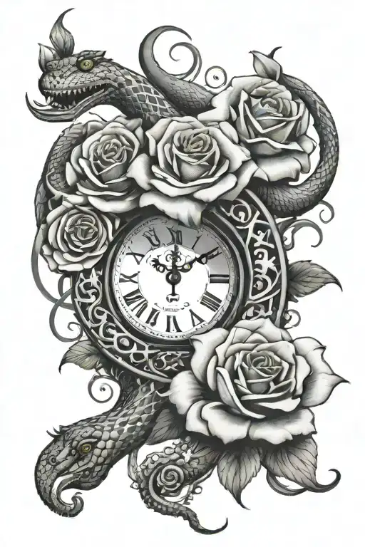 Hand Clock With Snake Vining Around And Rose Flower Behind