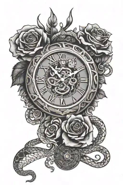Hand Clock With Snake Vining Around With Rose Behind Drawing
