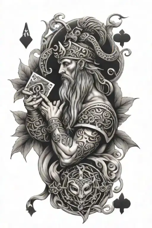 Norse Mythology Arm Tattoo With 4 Deck Playing Cards