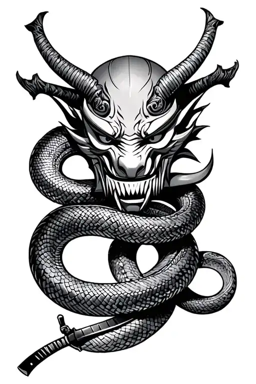 Oni Mask With Katana And Snake Wrapped