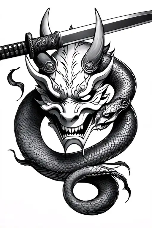 Oni Mask With Katana And Snake