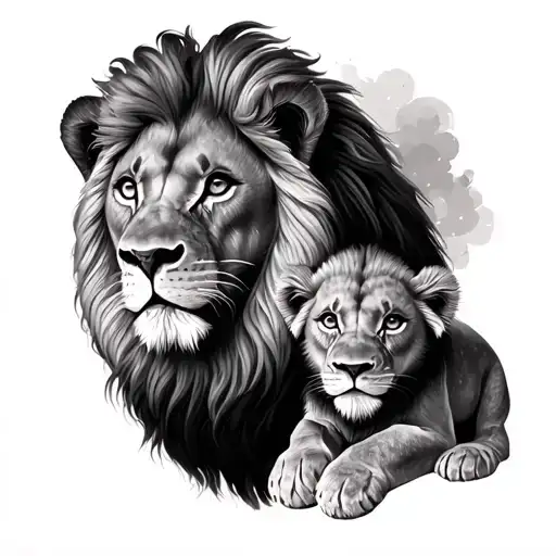Lion And Lion Baby With A Nice Background