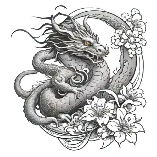 Chinese Dragon Protecting A Chinese Rat Holding A Cherry Blossom