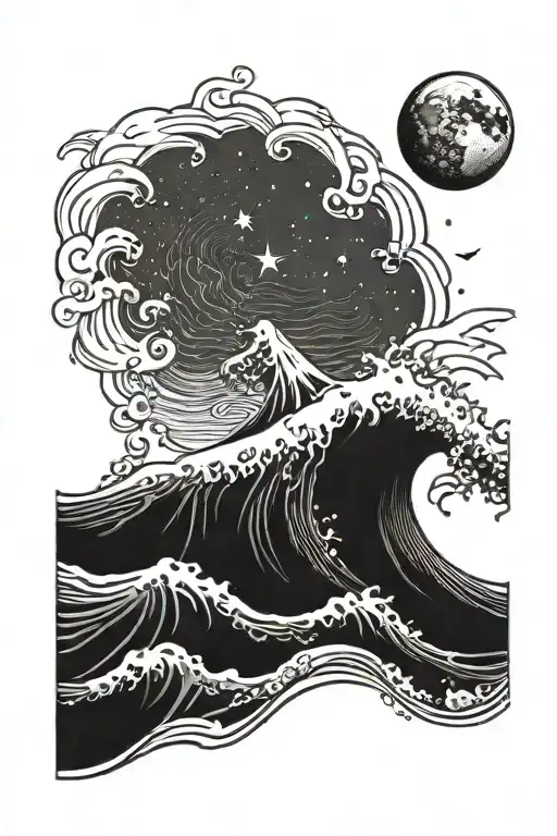 Wave With Night Sky And The Moon Add A Boat