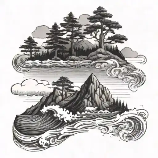 Ocean Waves And Mountain With Trees