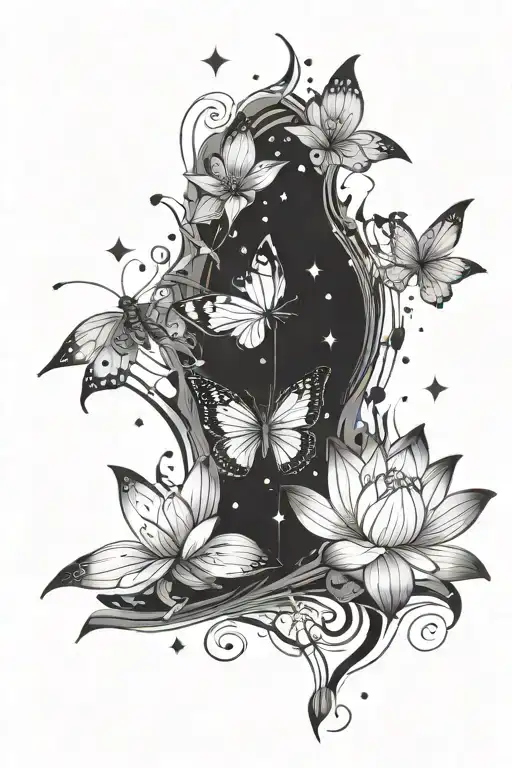 Lotus Flower And Butterflies Shooting Stars Forming The Shape