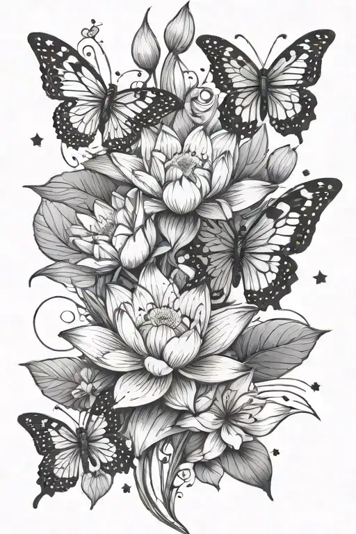 Lotus Flower And Butterflies Shooting Stars Representing