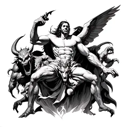 God Fighting Demons And Winning With Fighting Angles And Demons In Background