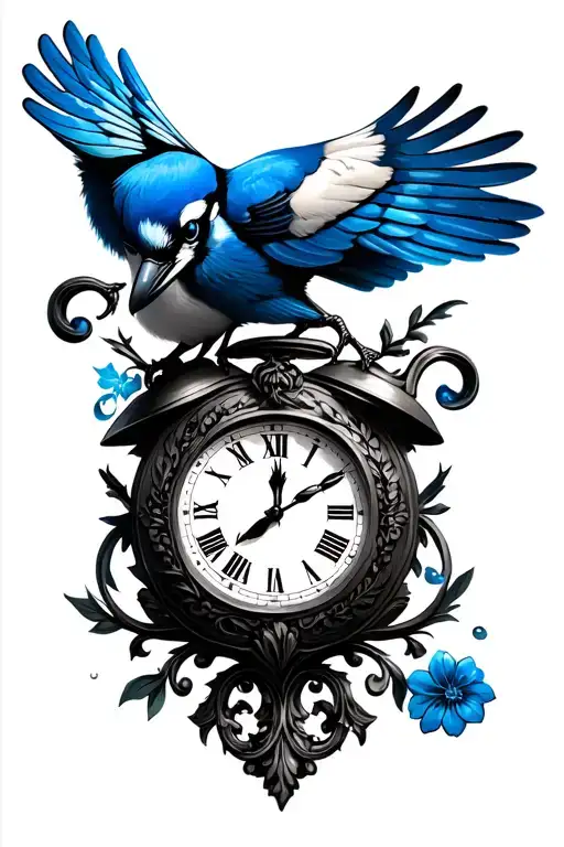 Blue Jay And Clock Surrounded