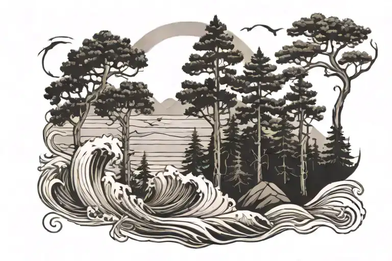 Pine Forest And Sea Waves