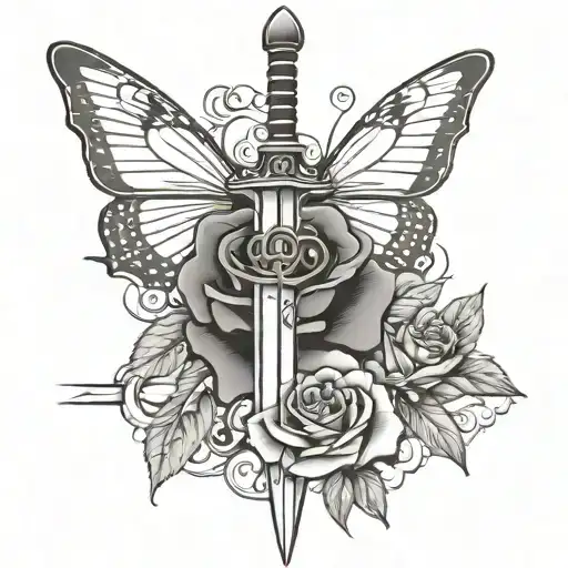 Sword With A Butterfly At The Top And A Rose At The Sword Handle