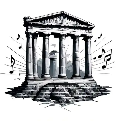 A Black And Grey Tattoo Of A Roman Temple With Musical Notes Floating Around It