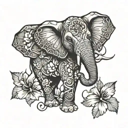 Elephant Surrounded By Hibiscus Flowers And Spider Webs