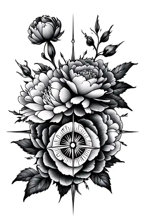 Compass Rose With Peony Flowers