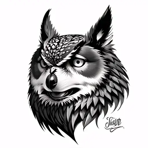 Half Owl And Half Wolf Head
