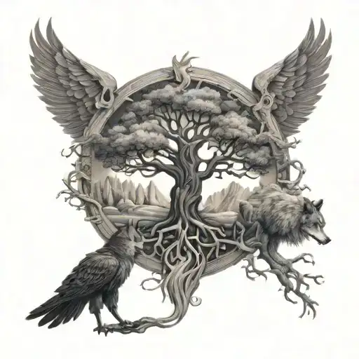 Yggdrasil Tree With A Wolf And Eagle On It With All The Worlds
