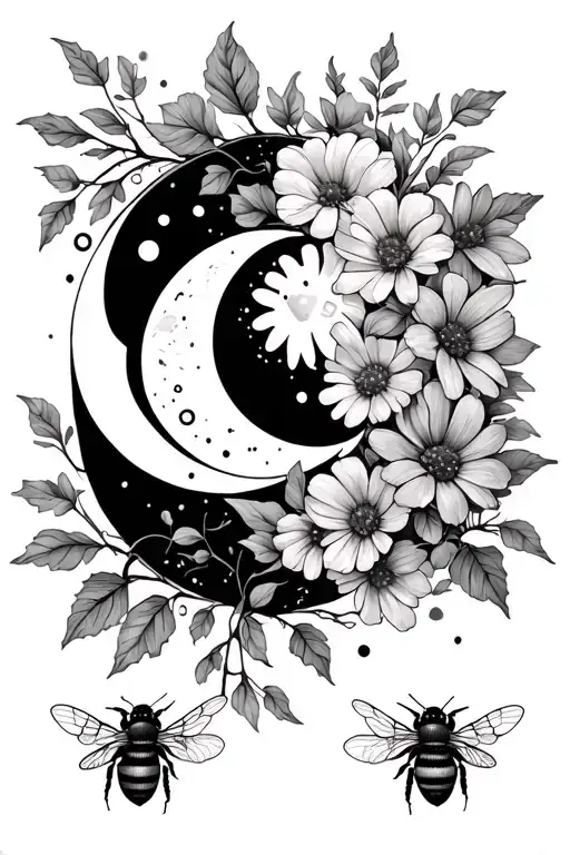 Wild Flowers And Moon Phases With Vines Wrapping Bumble Bees