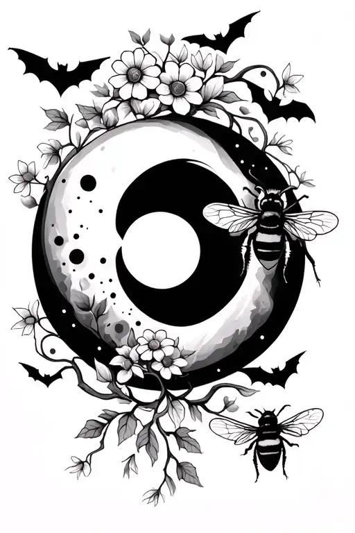 Wild Flowers And Moon Phases With Vines Wrapping With Bumble Bees And Bats