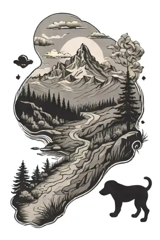 Dog Paw Path Leading Towards A Mountain