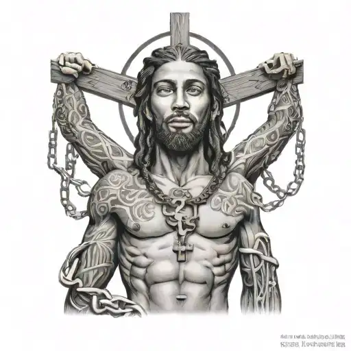 Black Jesus On The Cross Chain And Diamond Earrings With Tattoos On His Body