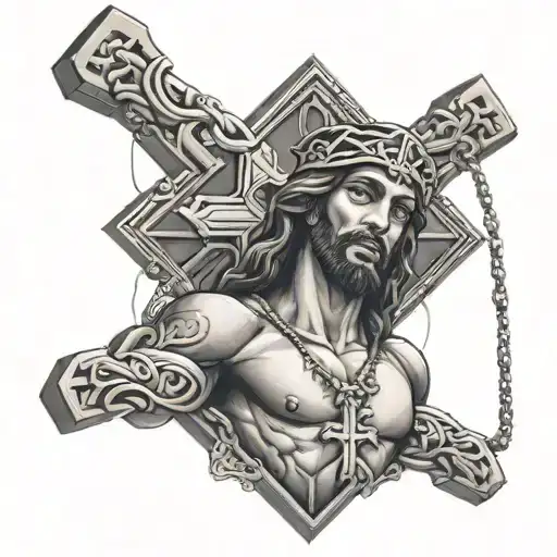 Black Jesus On The Cross With A Diamond Chain And Diamond Earrings With Tattoos On His Body