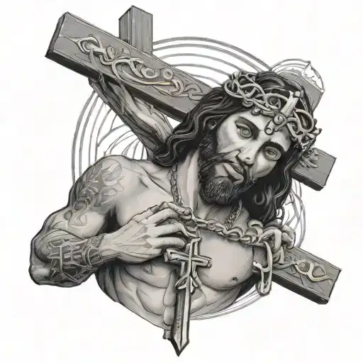 Black Jesus Hanging The Cross With A Diamond Chain And Diamond Earrings With Tattoos On His Body