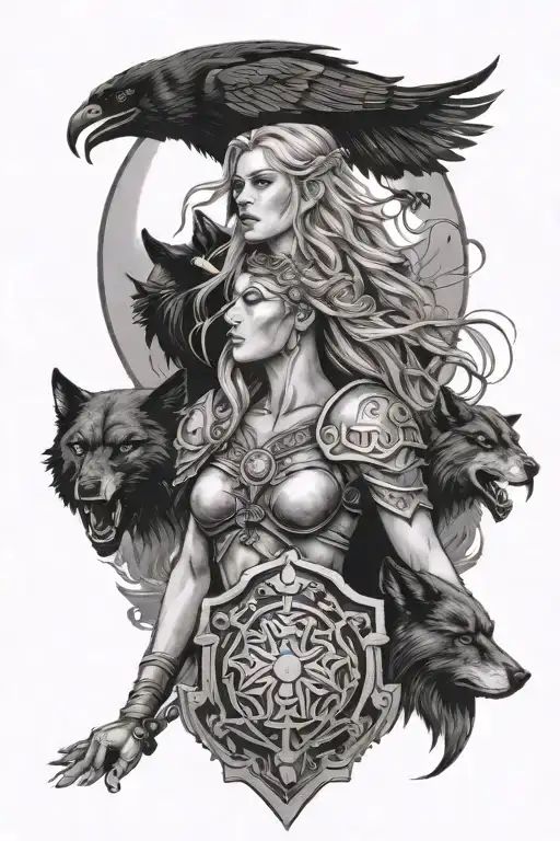 Shield Maiden With Ravens And A Wolf Howling