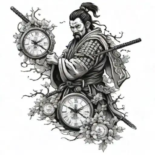 Japanese Samurai Surrounded By Clocks And A Tree Behind Him