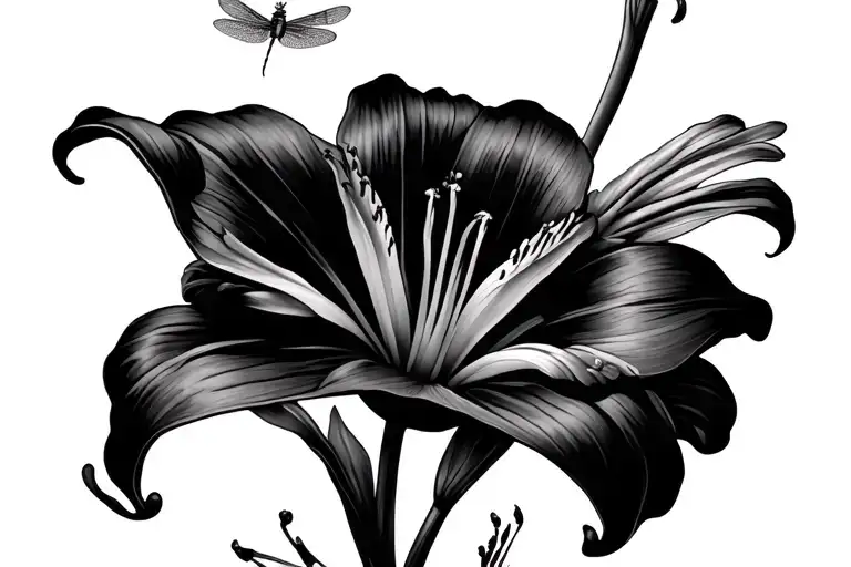 Day Lily Flower With Dragonfly Flying