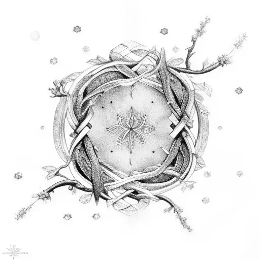 An Intricate Black And Grey Tattoo Of A Laurel Branch Intertwined With A Constellation