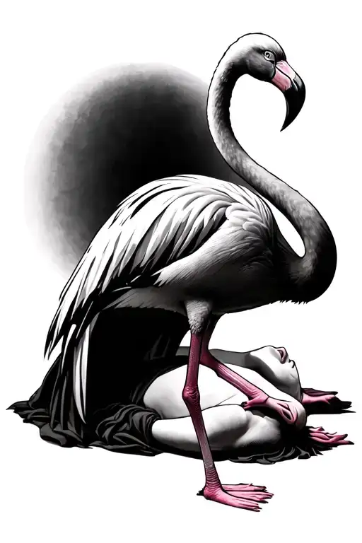 Flamingo Standing On A Body Laying Down With A Cloak On