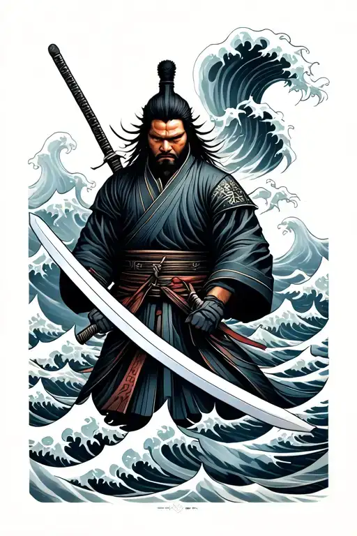 Half Samurai And Half Ronin Holding One Sword I The Middle Surrounded By Japanese Waves