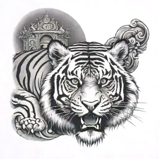 Bengal Tiger With Temple
