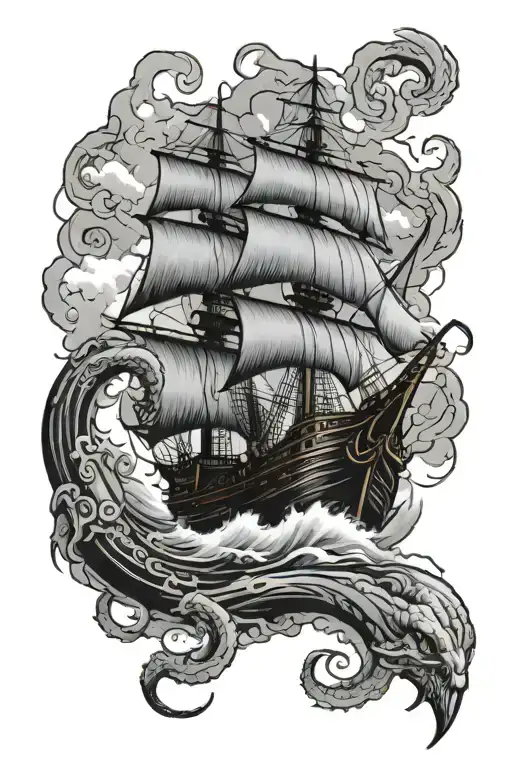Kraken Pirate Ship Sailing Through Stormy