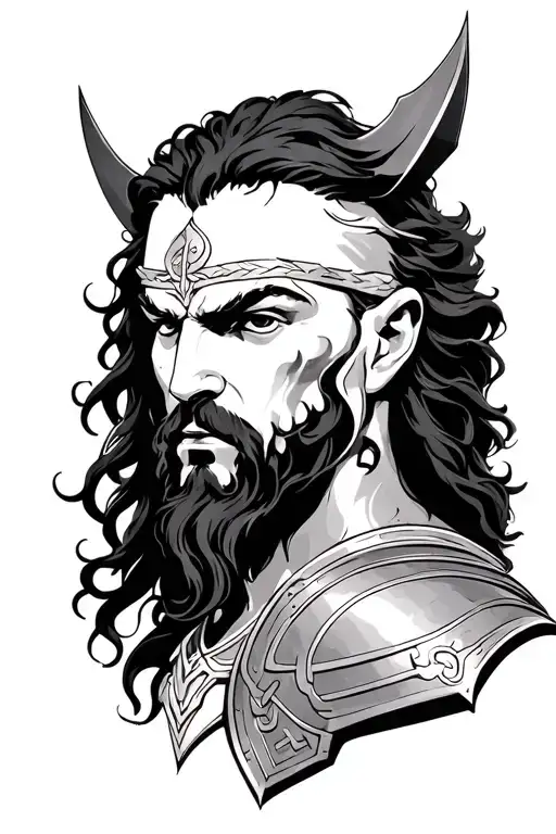 Hades Wearing Greek Armor Tattoo With Long Black Hair