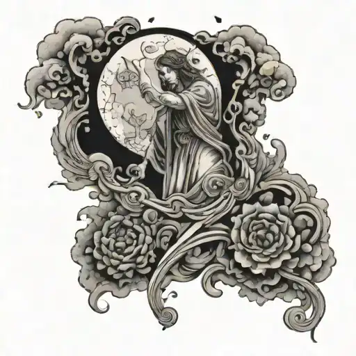 Make A Tattoo Sleeve With The Moon Engulfed By The Tarot Card Of Death And Clouds Around It