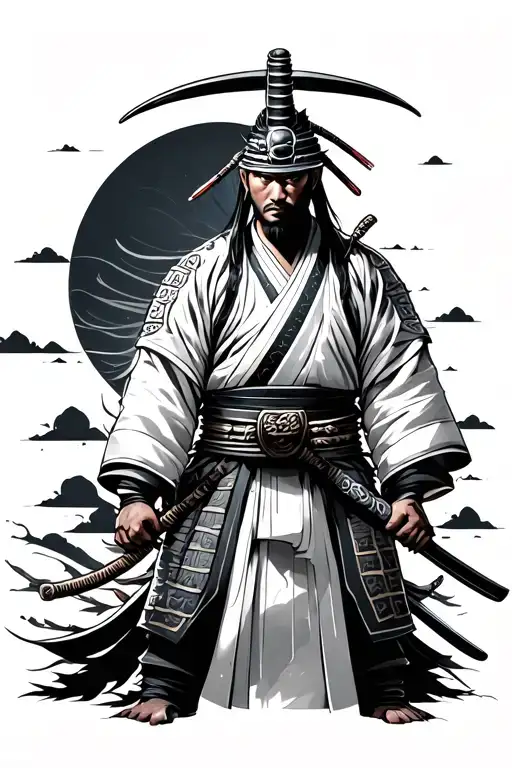 Samurai With Kimano Stands Near The Beautiful