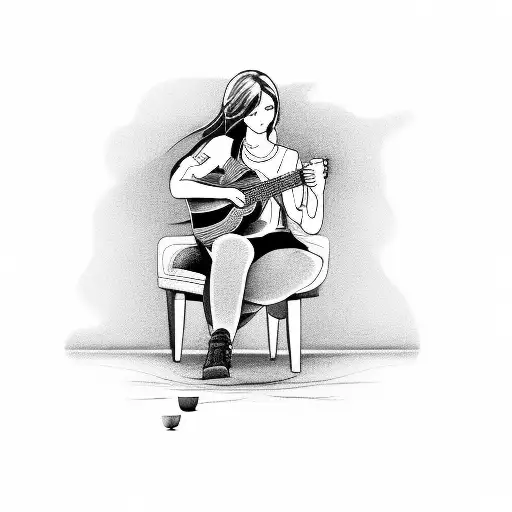 A Woman Playing A Guitar With A Coffee Cup In Her Hand