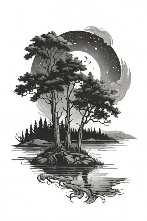 Nature Scene Featuring Trees And Water At Night Sky
