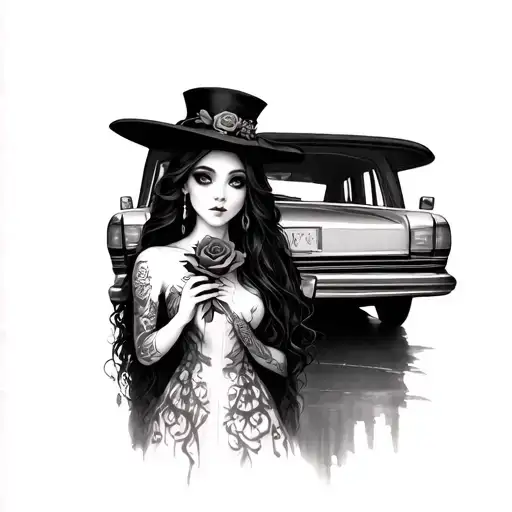 Mercedes Hearse With A Gothic Girl Holding A Rose