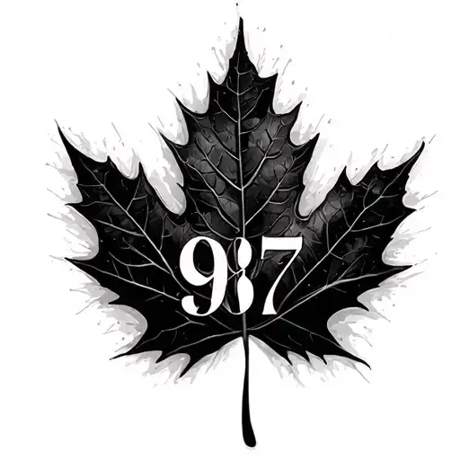 Red Maple Leaf With Numbers 987 In Black Superimposed