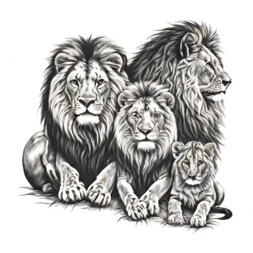 Realistic Lion Family With Mum Dad And 3 Kids