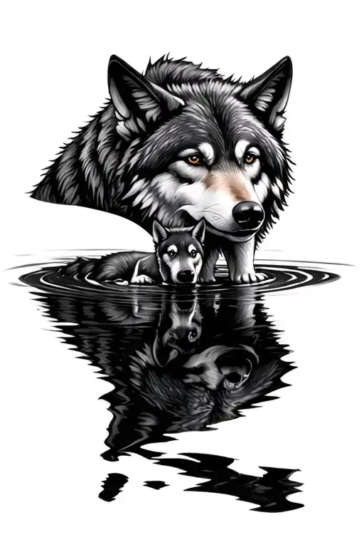 Wolf And Wolf Pup Reflection In Water