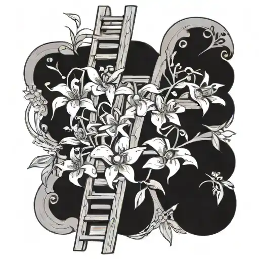 Wooden Ladder With Lillies And Daisies Abstract Line Work