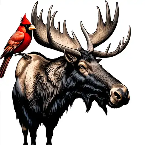 Spiritual Moose With Cardinal Resting On Left Horn