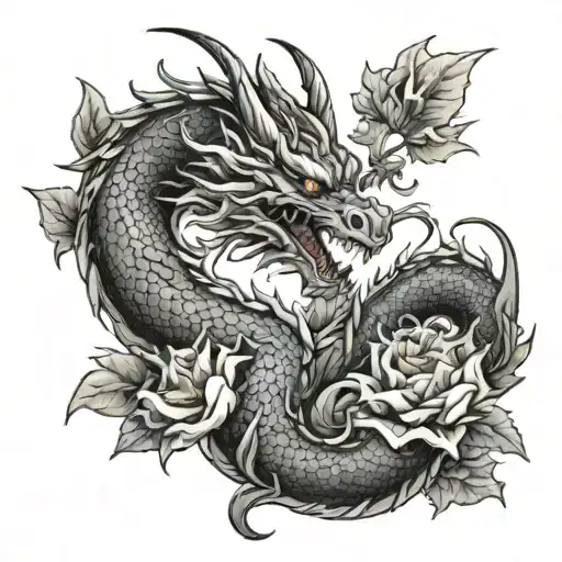 Dragon And Flowers Intertwined
