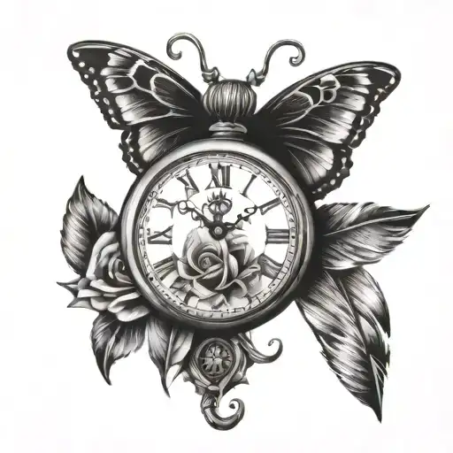 Pocket Watch Butterfly Rose Feather